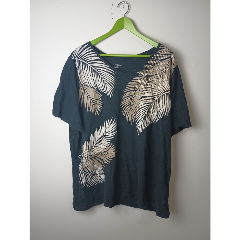 Catherines Leaf‎ Print Black T-Shirt Women's Size 22W/24W Short sleeve Cotton